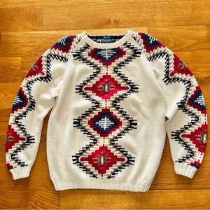Vintage Chaps Ralph Lauren Aztec Hand Knit Sweater Large Southwest 100% Cotton